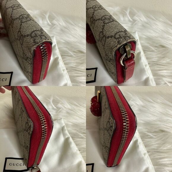 💯Authentic Gucci Beige/Red GG Supreme Canvas Cherry Zip Around Wallet🍀 - Picture 16 of 17